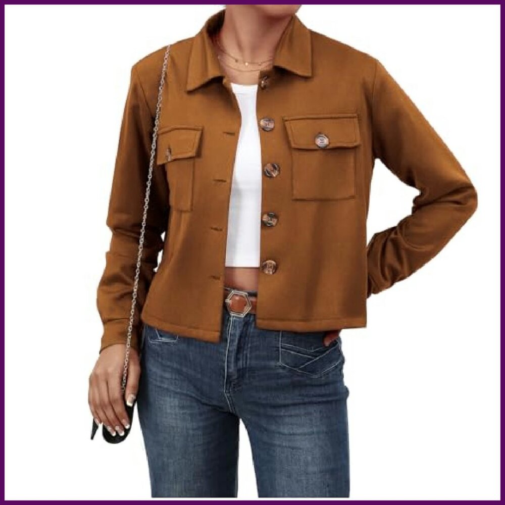 Faux Suede Cropped Shacket Jacket Button Down Fal… - image 2